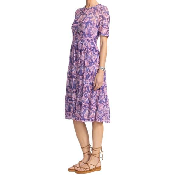 JOHNNY WAS Floral Midi Dress Purple Florentina Sz M & L Mesh Tiered A Line Boho - Picture 4 of 9